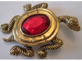 Vintage TURTLE BROOCH PIN, Red Faceted Rhinestone, Gold Tone Base Metal Finish
