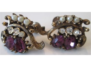 Vintage Signed PAIR SCREW EARRINGS, PURPLE Faceted Stones & Faux Pearls, Gold Tone Base Metal Finish