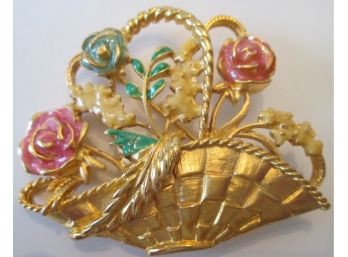 Vintage BASKET Of FLOWERS  BROOCH PIN, Hand Colored Gold Tone Base Metal Finish