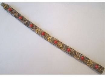 Vintage Filigree Bracelet, Signed European .800 SILVER, Link Construction, Cabochon Stones