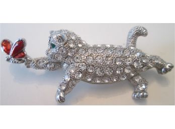 Vintage BROOCH PIN, BLING KITTY Design, Bright Silver Tone Finish, Over The Top!