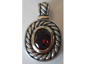 Contemporary OVAL PENDANT, RED Central Stone, 14K GOLD & STERLING .925 SILVER Setting, Ready For Your Chain