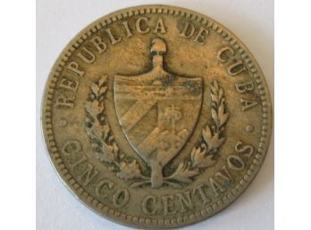 Authentic 1915 Coin, Cinco 5 Centavos, Copper Nickel Content, CUBA Issue