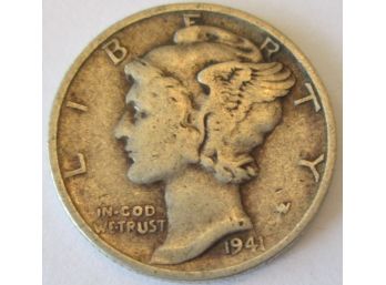 Authentic 1941P MERCURY SILVER DIME $.10, Philadelphia Mint, 90 Percent Silver, United States