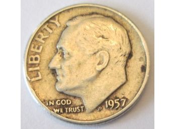 Authentic 1957P ROOSEVELT SILVER DIME $.10, Philadelphia Mint, 90 Percent Silver, United States