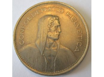 Authentic 1968B Helvetica Coin, 5 Swiss Francs, Copper Nickel Content, Switzerland
