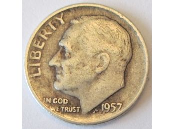Authentic 1957D ROOSEVELT SILVER DIME $.10, DENVER Mint, 90 Percent Silver, United States