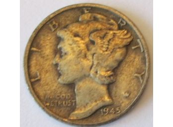 Authentic 1945P MERCURY SILVER DIME $.10, PHILADELPHIA Mint, 90 Percent Silver, United States