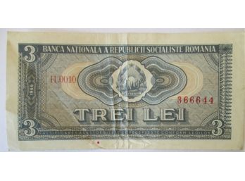 Authentic 1966 Series, ROMANIA Issue, Genuine TREI 3 LEI Denomination, Currency Bill Bank Note