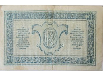Authentic FRANCE ARMY TREASURY Issue, Genuine 50 Centimes, Currency Bill, Bank Note