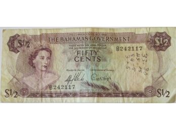 Authentic 1966 Series, BAHAMA MONETARY AUTHORITY Genuine $.50 Half Dollar STRAW MARKET Currency Bill Bank Note