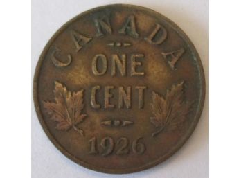 Authentic 1926 Small One CENT $.01, CANADA, Depicts GEORGE V, Discontinued Design, Copper Content