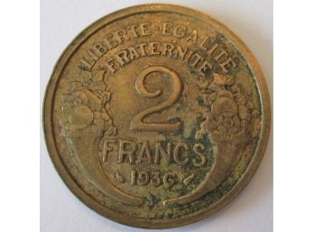 Authentic 1936 Coin, 2FRANCS, Bronze Content, FRANCE Issue, Discontinued Style