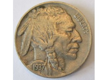 Authentic 1937P BUFFALO NICKEL $.05, PHILADELPHIA Mint, Discontinued United States Type Coin