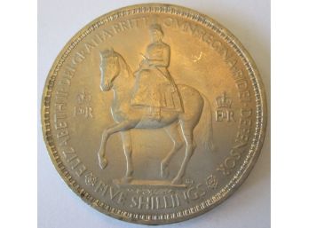 Authentic 1953 Coin 5 Shillings, Great Britain Commemorative, Copper Nickel Content, United Kingdom