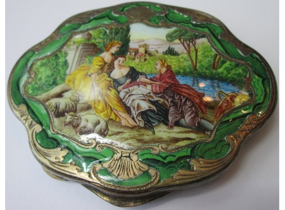 Vintage Hinged COMPACT, Colorful FIGURAL Decoration, 'LUSHUS' Powder Puff, .800 Silver Construction