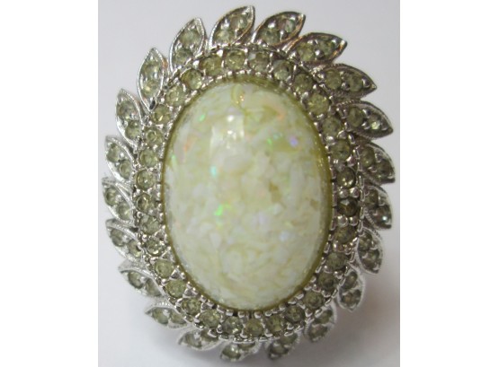 Contemporary Finger Ring, OPALESCENT Cabochon & Crystal Rhinestones, Sterling .925 Silver Setting, Appx Size 5