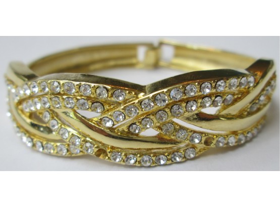 Contemporary Hinged Bangle BRACELET, Braided Design, Faceted Crystal Clear Rhinestones, Gold Tone Base Metal