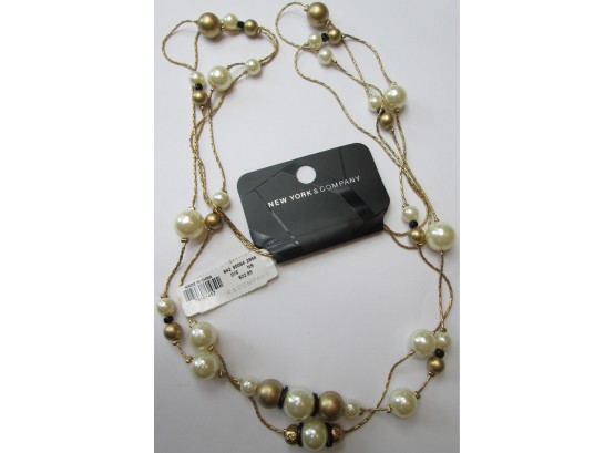 New York & Company, Contemporary Chain NECKLACE, Multi Neutral Color Beads, Gold Tone Base Metal Chain