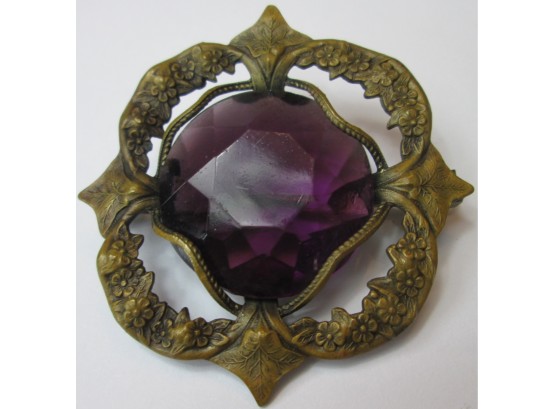 Vintage BROOCH PIN, Victorian Style, Faceted PURPLE Central Stone, Gold Tone Base Metal Setting