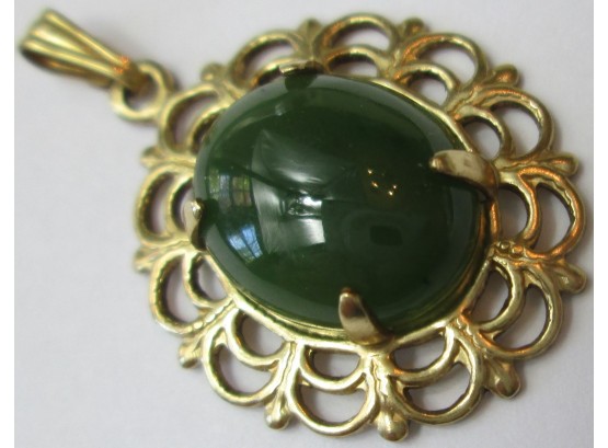 Vintage PENDANT, Jade Green Color CABOCHON, Gold Tone Frame And Carrier Loop