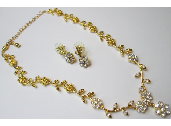 3 Piece Set, Contemporary FLORAL Necklace, Pierced Earrings, Crystal Clear Rhinestones, Gold Tone Base Metal