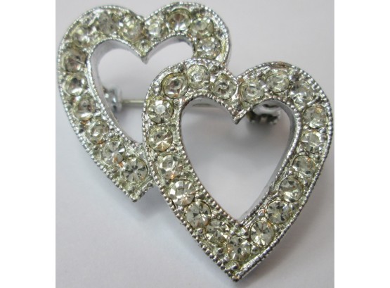 Contemporary BROOCH PIN, Stylized DOUBLE HEART Design, Rhinestones, Silver Tone Base Metal Setting