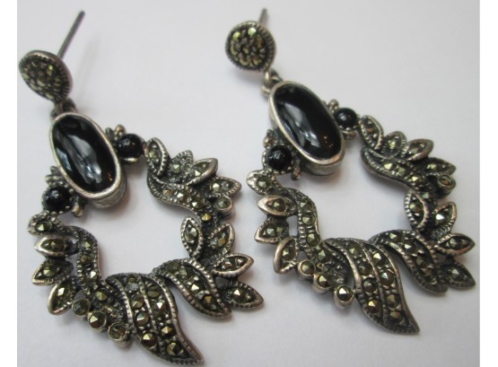 Vintage PAIR Pierced EARRINGS, Dangle With BLACK Cabochons & Faceted Marcasite Stones, Sterling .925 Silver