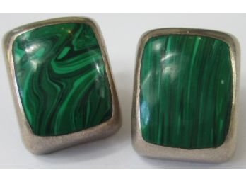 Vintage PAIR Pierced EARRINGS, Rectangular Green Polished MALACHITE Cabochons, Sterling .925 Silver, Mexico