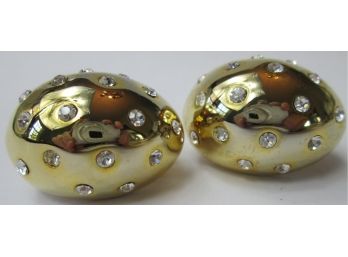 Vintage PAIR CLIP EARRINGS, Domed With Crystal Clear RHINESTONES, Gold Tone Base Metal Settings
