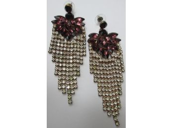 Vintage PAIR Pierced EARRINGS, ART DECO Style With Faceted Rhinestones, Gold Tone Base Metal Setting