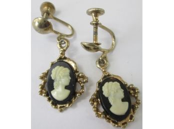 Vintage PAIR Screw EARRING SET, Figural Faux Plastic CAMEO Inserts, Gold Tone Base Metal Settings