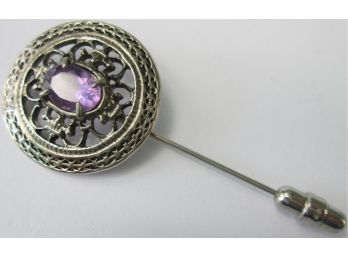 Vintage STICK PIN, Victorian Inspired Filigree Design, Faceted PURPLE Central Stone, Silver Tone Base Metal