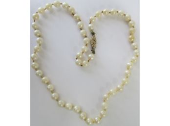 Vintage 16' CHOKER Length NECKLACE, Individually Knotted Faux Synthetic PEARLS, 14K GOLD Clasp
