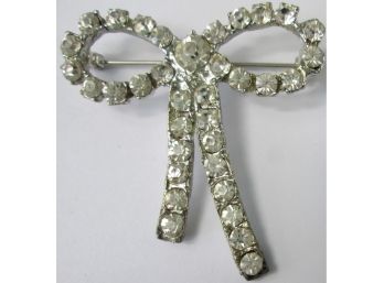 Vintage BROOCH PIN, Clear RHINESTONES, Tied BOW Design, Silver Tone Base Metal Setting, Costume