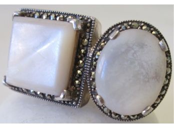 Vintage Double Finger RING, Natural Mother Of Pearl & Marcasite Stones, STERLING 925 Silver, Size 5.5 To 6