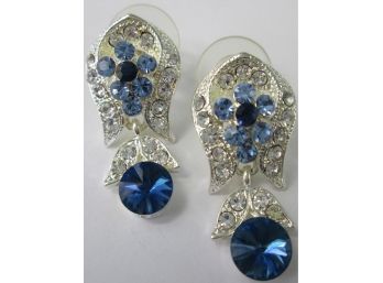 Contemporary Pierced DANGLE EARRINGS, Faceted BLUE & CRYSTAL Rhinestones, Silver Tone Base Metal Settings