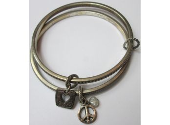 Contemporary Double BANGLE Bracelet, Peace & Heart Design, Silver Tone Base Metal Setting