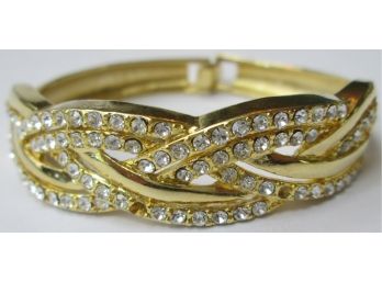 Contemporary Hinged Bangle BRACELET, Braided Design, Faceted Crystal Clear Rhinestones, Gold Tone Base Metal