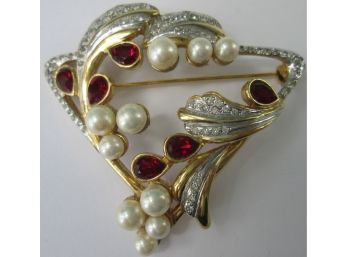 Signed Vintage TRIANGULAR Brooch Pin, Faux PEARLS & RED Stones, Gold Tone Base Metal Finish