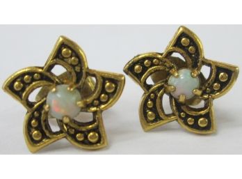 Vintage PAIR Pierced EARRINGS, Petite STARS With OPAL Cabochons, Gold Base Metal Construction