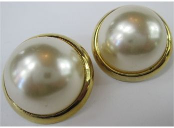 Vintage Pair Clip EARRINGS, Faux Pearl Domed Inserts, Gold Tone Base Metal Settings