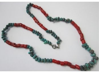 Vintage Single STRAND NECKLACE, Southwest Style, TURQUOISE Color BEADS, Silver Tone Base Metal Clasp