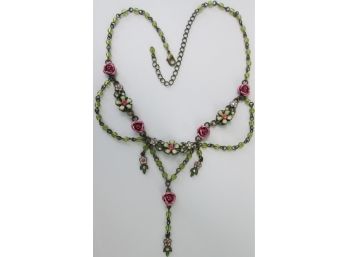 Vintage Signed AVON Brand, Draped FLOWER Necklace With Rhinestones, ANTIQUED Base Metal Finish
