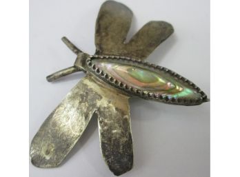 Vintage Dragonfly BROOCH PIN, ABALONE Body, Silver Tone Setting, Probably Crafted In Mexico