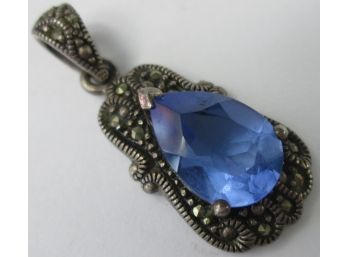 Vintage TEARDROP PENDANT, Bright BLUE Central And Marcasite Stones, Sterling .925 Silver Setting