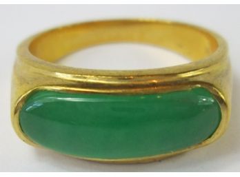 Vintage Finger Ring, Oblong Jade Green Central Stone, Gold Tone Base Metal Setting, Approximate Size 7.5 1/2