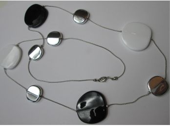 Contemporary Chicos Style NECKLACE, Black Silver White DISCS, Silver Tone Base Metal Chain, 34' Length