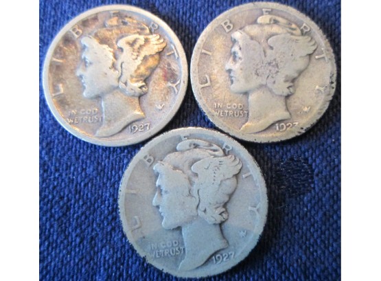 SET Of 3 COINS! Authentic 1927P, 1927D & 1927S MERCURY SILVER DIMES $.10 United States