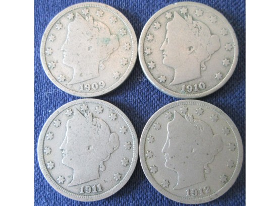 SET Of 4 COINS! Authentic 1909P, 1910P, 1911P & 1912P 'v' LIBERTY NICKELS $.05, United States